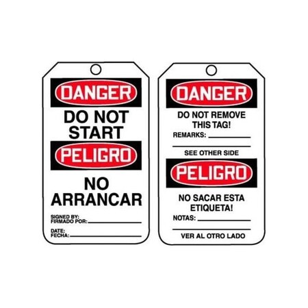 Accuform Safety Tags, DANGER DO NOT START BILINGUAL SPANISH-MEXICAN, 5.75in x 3.25in, RP-Plastic, 5PK TMS113PTM